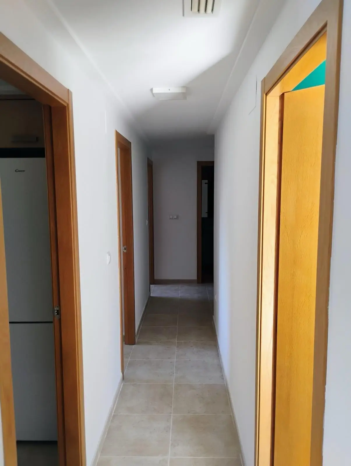 Servicio de pintura en pasillo con paredes blancas lisas y marcos de puertas de madera en Alicante